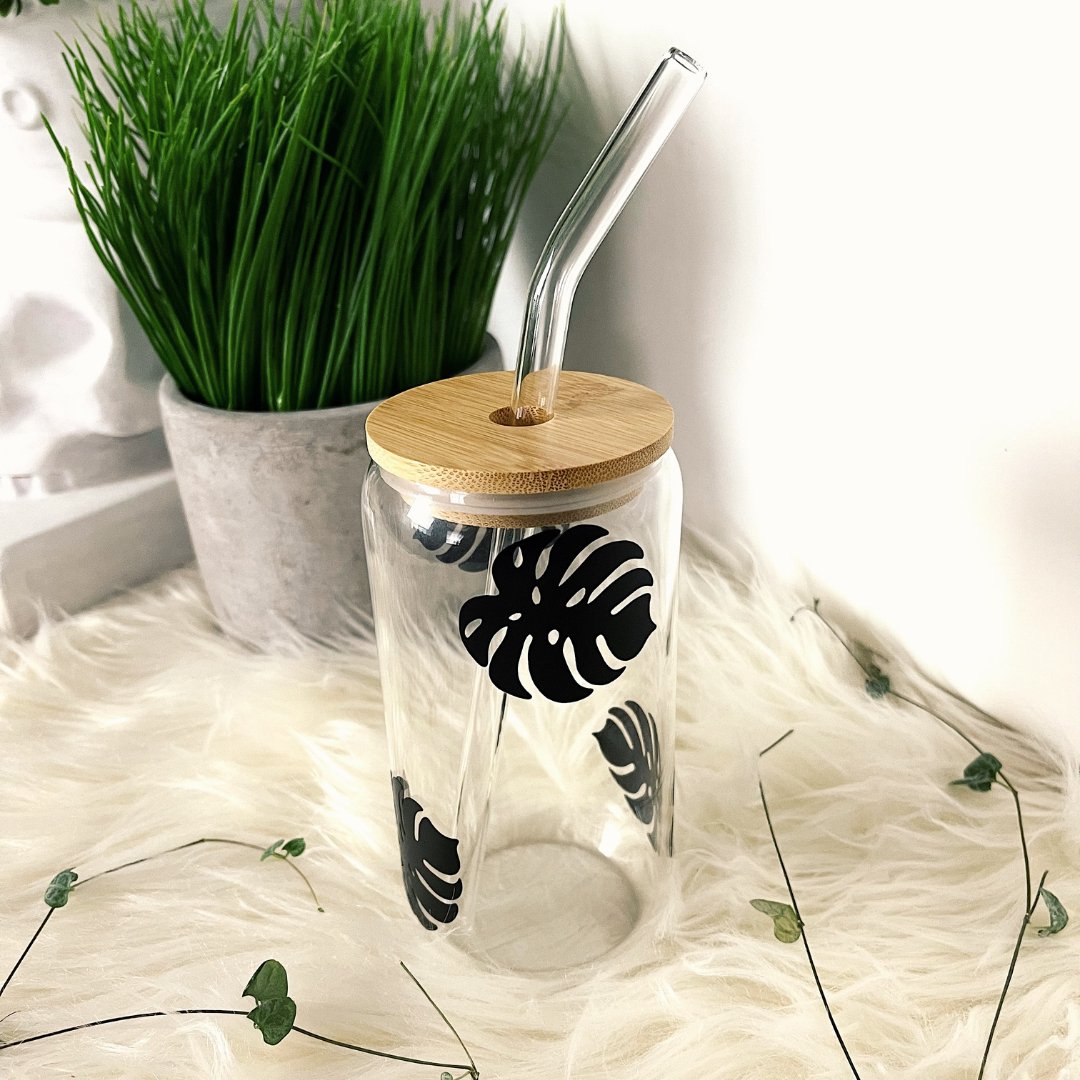 Monstera Leaf Glass Cup - 16oz with Lid and Glass Straw - PEACHI PLANTS